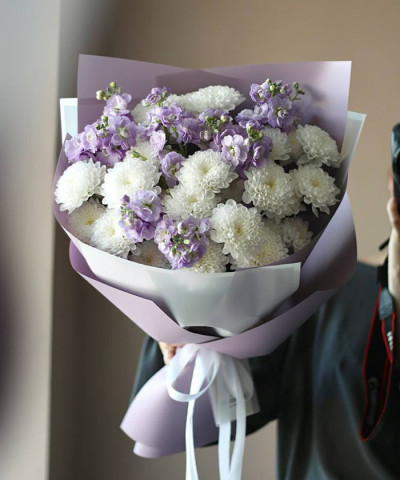 Маттиола и белая хризантема "Лавандовая дымка" №4791