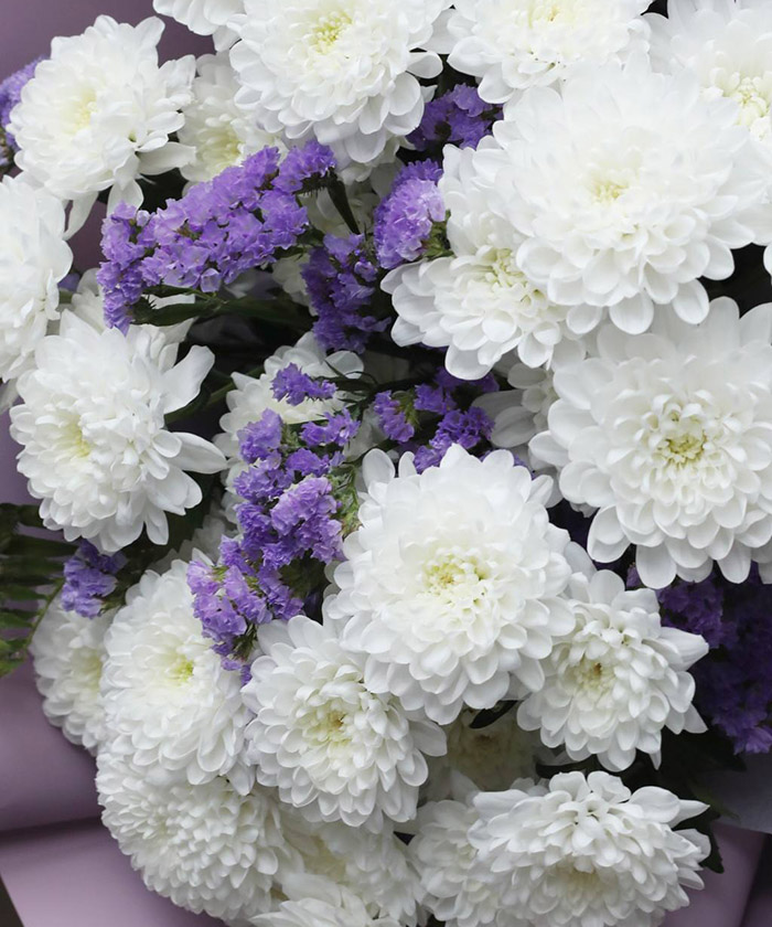 5 хризантем Алтай и статица в букете 