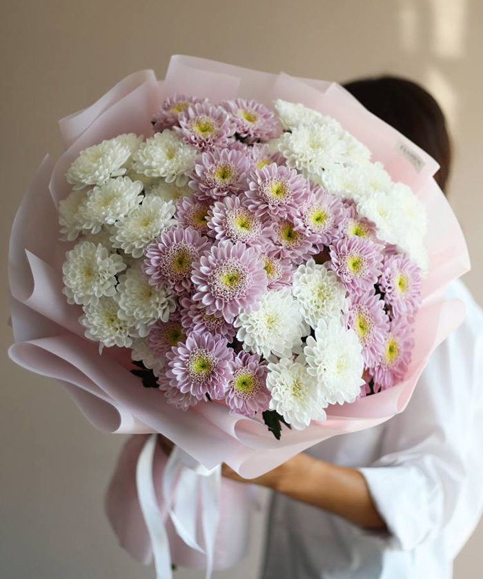 11 белых хризантем Алтай и розовых Оптимист в букете №4557