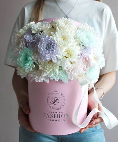 Акварельные хризантемы Алтай в шляпной коробке №5889