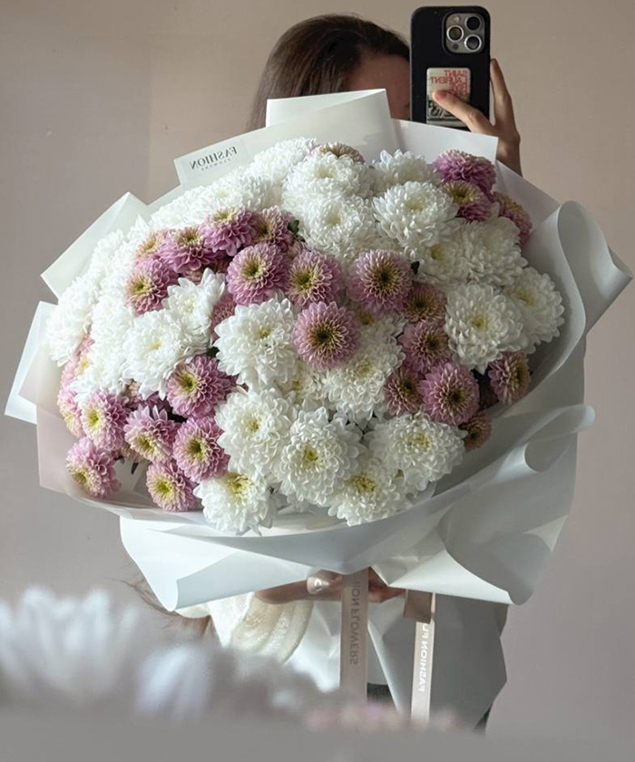 15 бело-розовых хризантем Алтай и Летсгоу пинк в букете №9531
