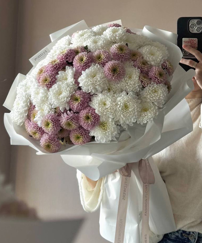 15 бело-розовых хризантем Алтай и Летсгоу пинк в букете №9531