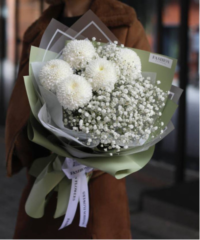 Гипсофила и хризантема Супербоул в букете "Дрим" №7642