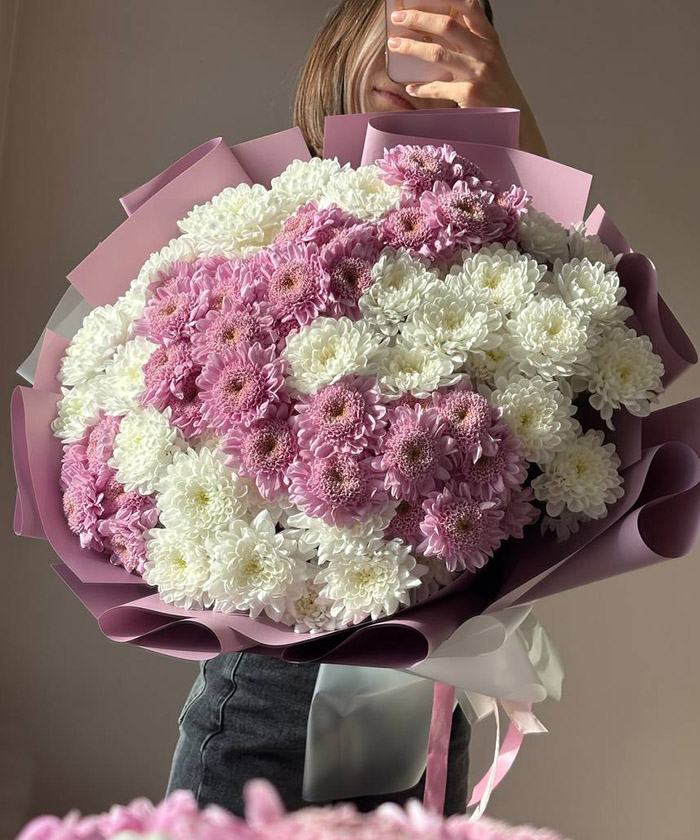 15 бело-розовых хризантем Алтай и Романс в букете 