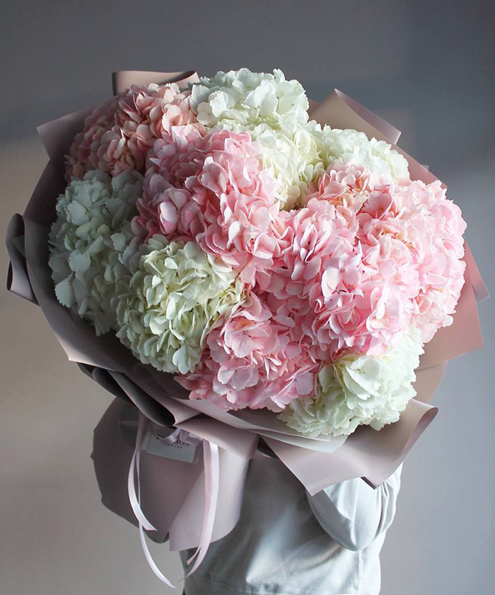 15 белых и розовых колумбийских гортензий в букете 