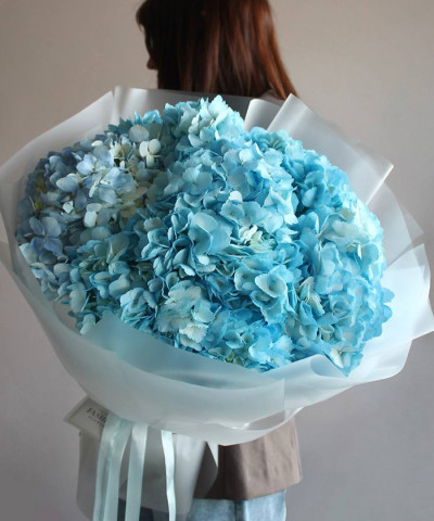 7 голубых гортензий в букете "Морские волны" №7568