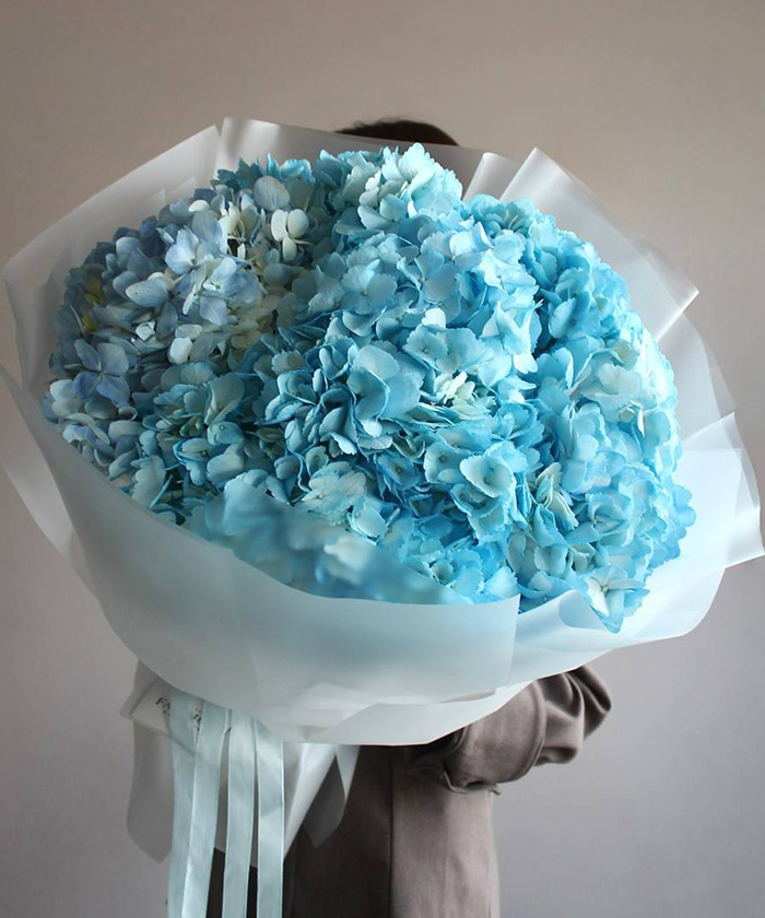 7 голубых гортензий в букете 