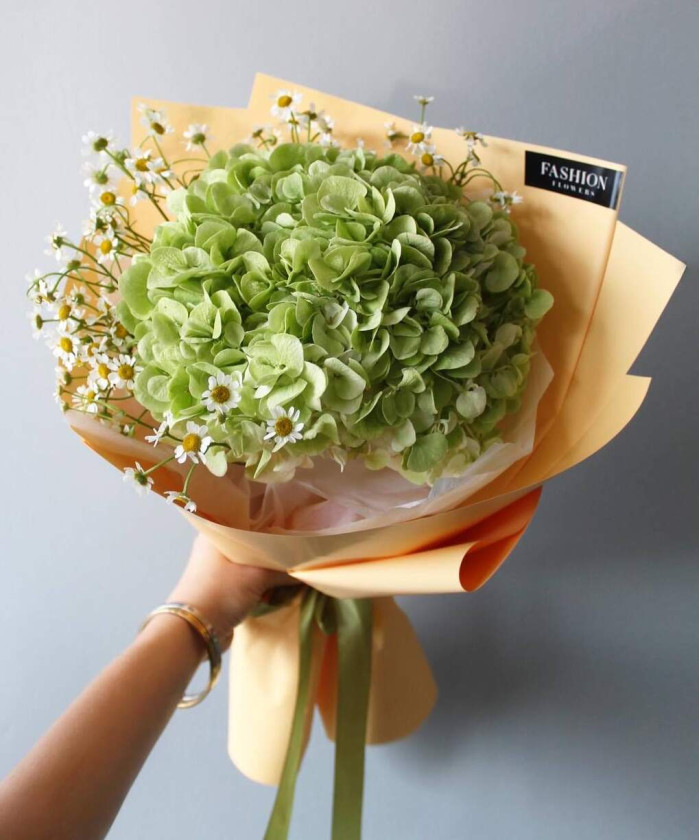 Зелёная гортензия и ромашки в букете 