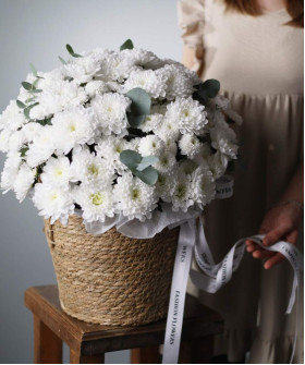 "Пломбир" корзина с белыми хризантемами Алтай и Коконат №2469