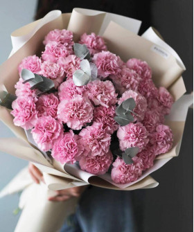 31 розовый диантус Клиавотер с эвкалиптом в букете "Лотус" №3786