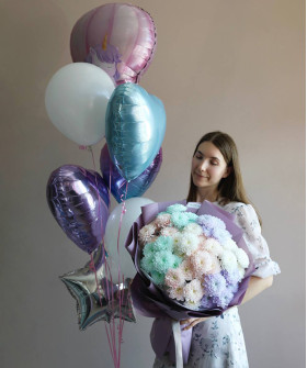 "Ты - моя радость" комбо-набор: букет акварельных хризантем и набор фольгированных шаров №4112