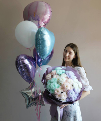 "Ты - моя радость" комбо-набор: букет акварельных хризантем и набор фольгированных шаров №4112