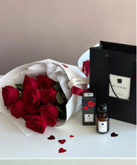 Комбо-набор из букета 9 красных роз и парфюма для дома by KAORI №9786