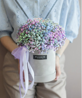 Гипсофила рейнбоу в бархатной шляпной коробке №2342