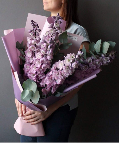 5 лавандовых дельфиниумов Гардиан Лавендер с эвкалиптом №2069