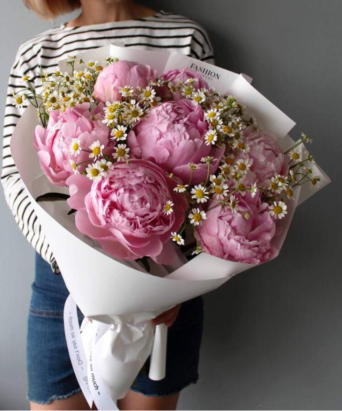 Розовые пионы и ромашки танацетум №2834