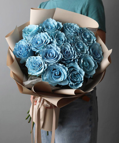 15 голубых роз Скай блу в букете "Лазурный берег" №9345