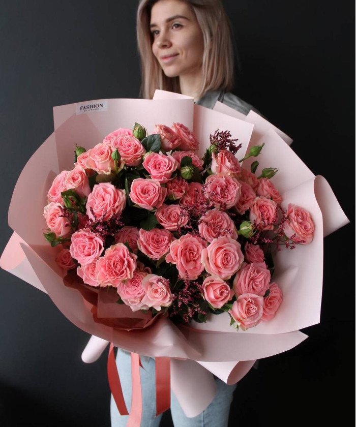 13 розовых кустовых роз Бол Музетт №7644