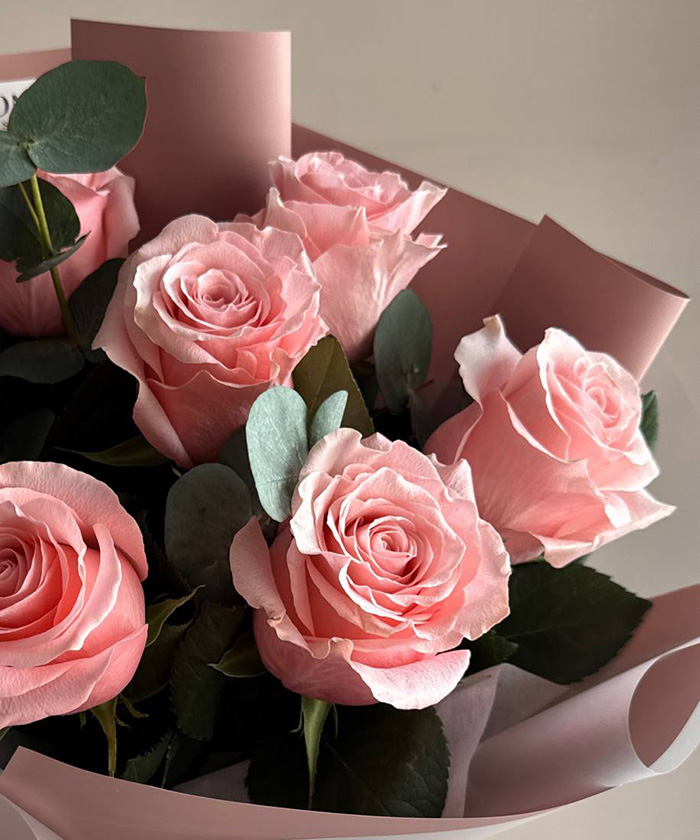 7 розовых роз с эвкалиптом №4767
