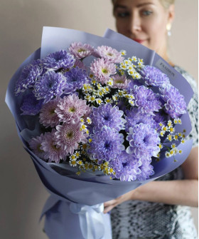 Ромашки и хризантемы в букете "Лавандовое облако" №5665