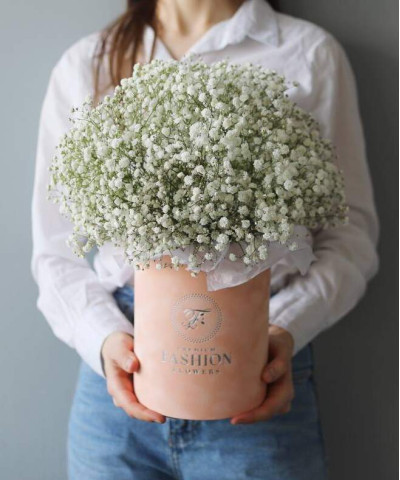 Белая гипсофила в шляпной коробке "Уистлер" №9644