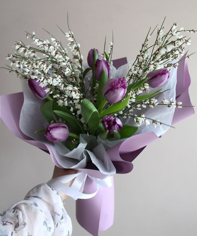 11 фиолетовых тюльпанов Краун и весенние ветки белой генисты в букете №8345