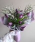 11 фиолетовых тюльпанов Краун и весенние ветки белой генисты в букете №8345