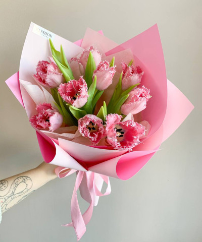 9 розовых бахромчатых тюльпанов в букете "Нелли" №9617