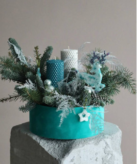 "Бирюза" хвойная композиция со свечами №0350