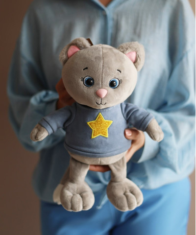 Котик Грей в толстовке 25 см, Мягкая игрушка