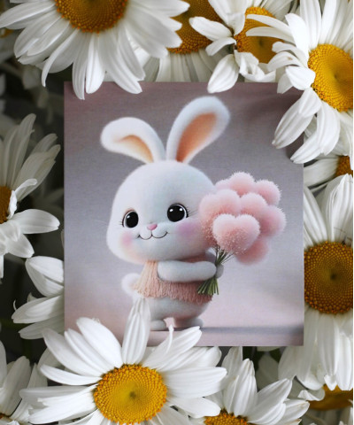 "Зайка с букетом из сердечек" Открытка